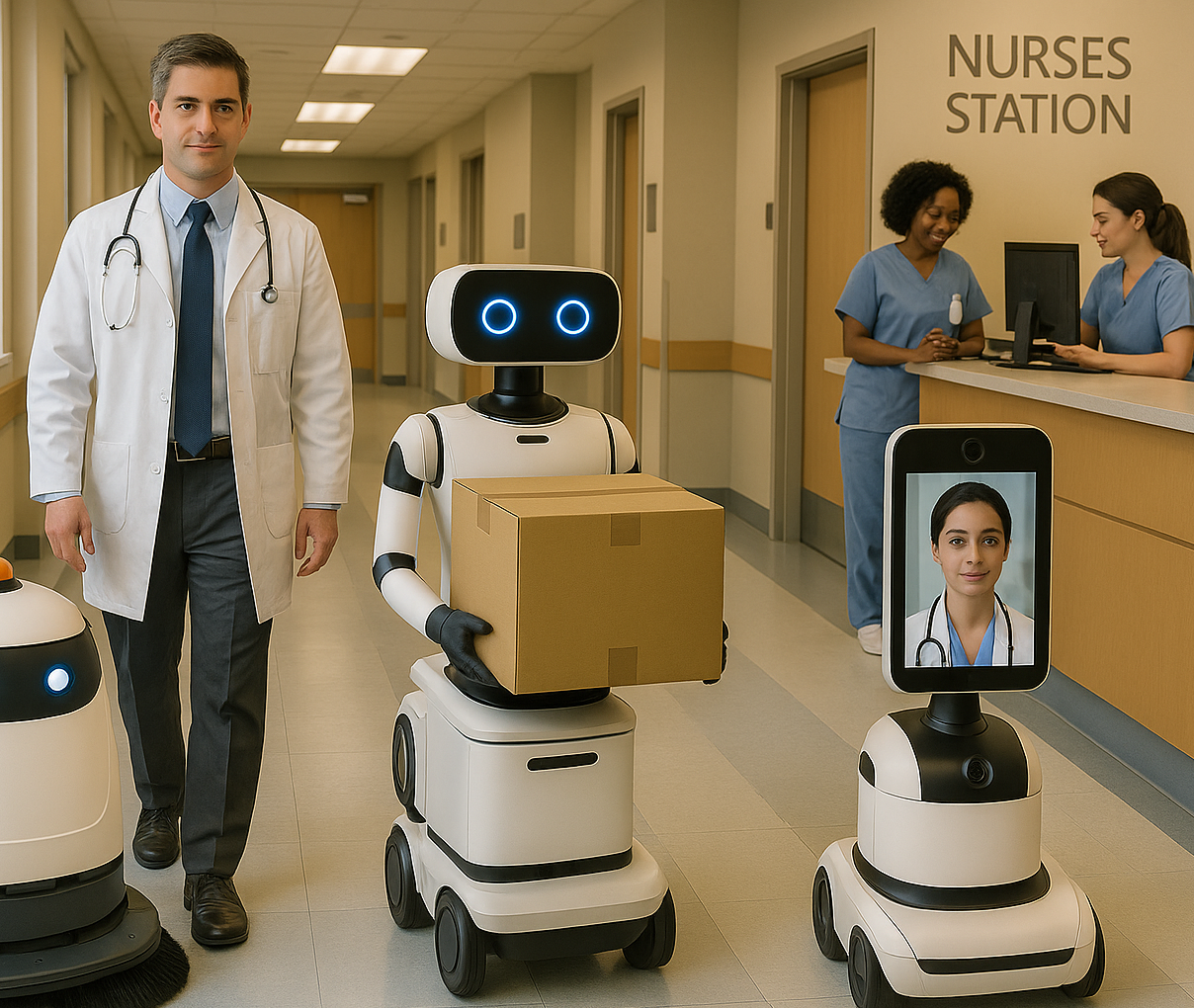 A doctor and medical robots walking down a hospital corridor.